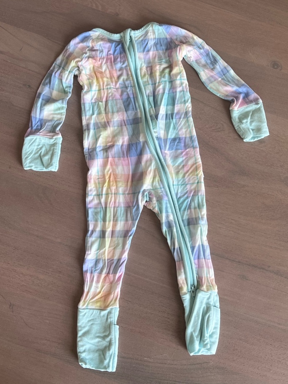 Little Sleepies Pastel Rainbow Plaid Footie - Mint Trim